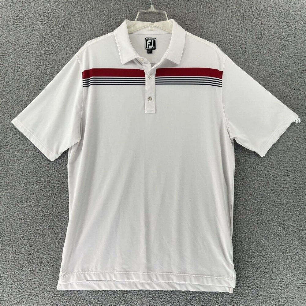 FJ Footjoy Mens XL White Striped Golf Casual Polo PCC Logo‎